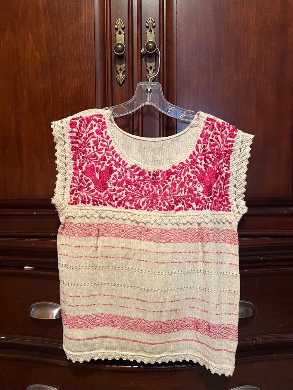 MEXICANA Cream Sleeveless Tunic with Pink Embroidered Yoke